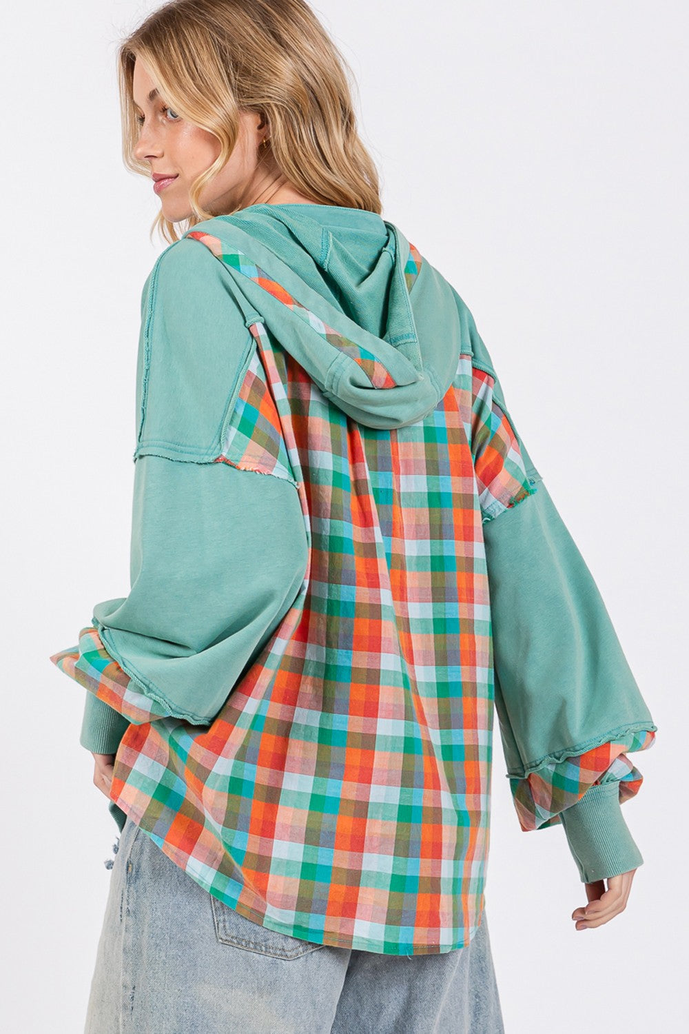 Plaid Print Washed Hoodie sweatshirt