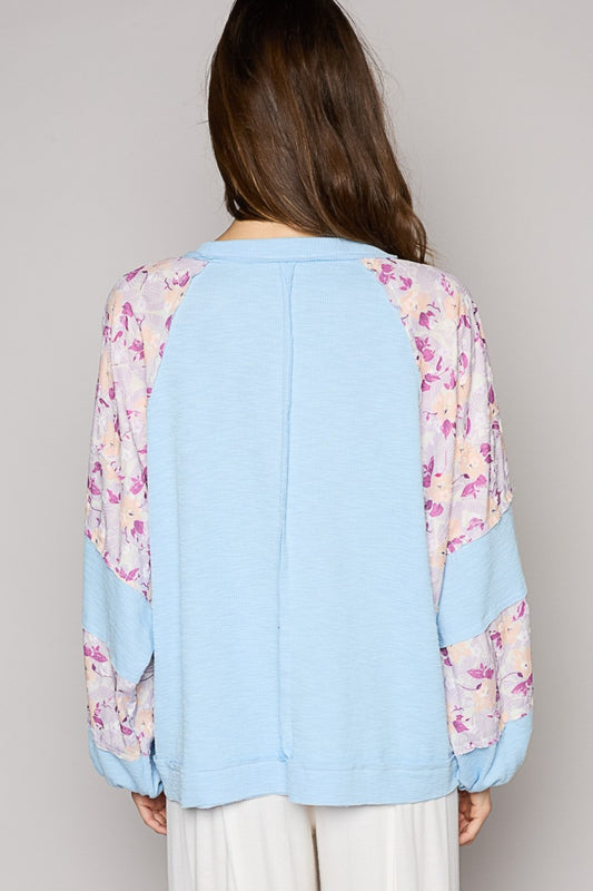 POL Round Neck Balloon Floral Long Sleeve Top Top