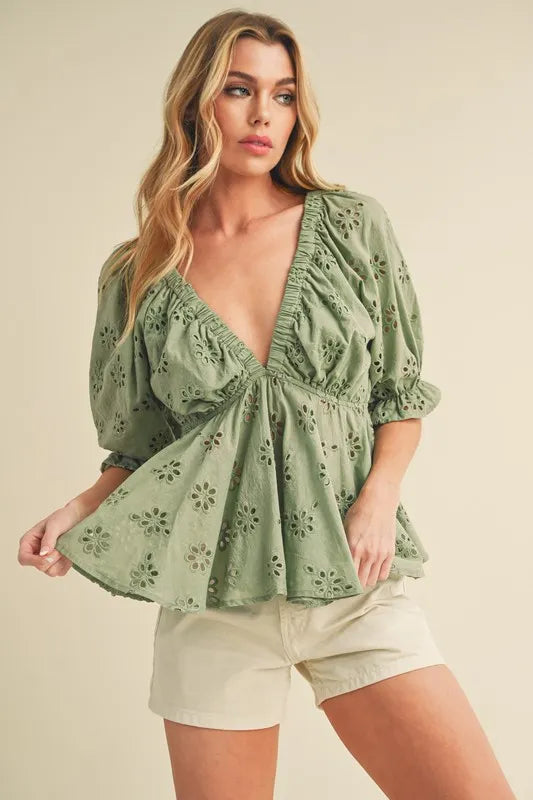 Eyelet Embroidered V-Neck Half Sleeve Peplum Blouse Matcha Green Tops