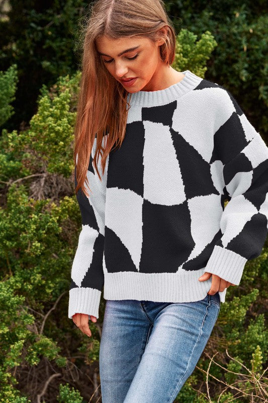 Multi Geo Checker Pullover Knit Sweater Top WHITE BLACK Sweater
