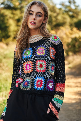 Floral Crochet Striped Sleeve Cropped Knit Sweater Sweater