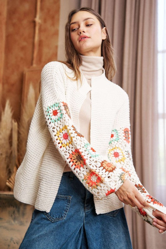 Crochet Floral Printed Long Sleeve Knit Cardigan cardigan