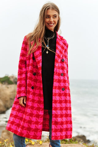 Textured Knit Tweed Double Button Coat Jacket PINK RED Coat