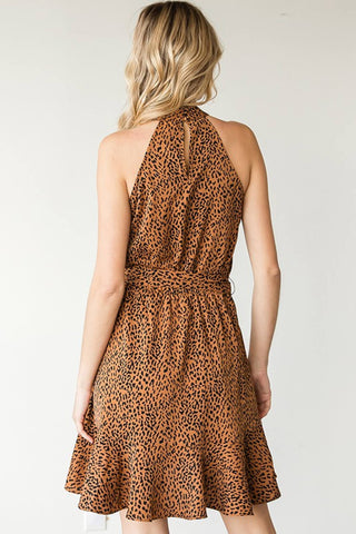 First Love Full Size Leopard Belted Sleeveless Dress Dress