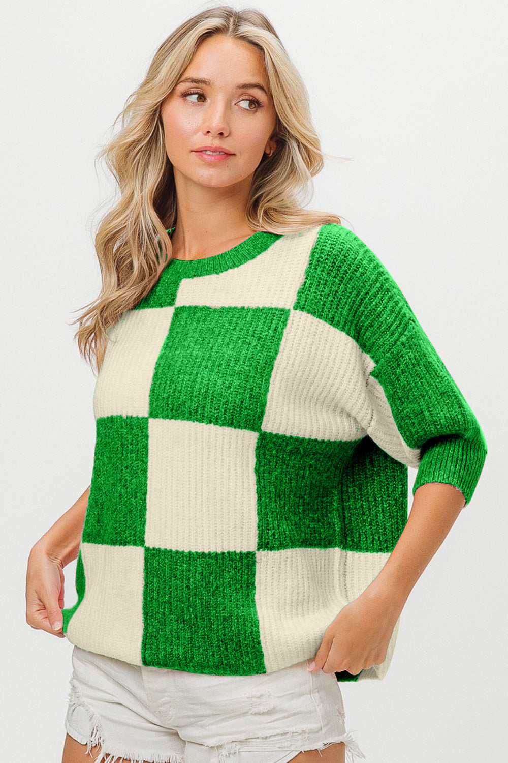 BiBi Checkered Contrast Round Neck Sweater Sweater
