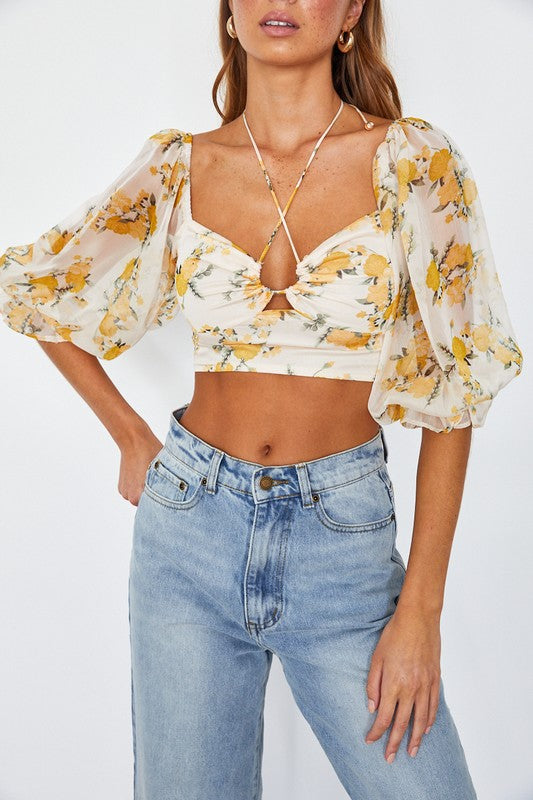 Chiffon Balloon Sleeved Bustier Crop Top Top