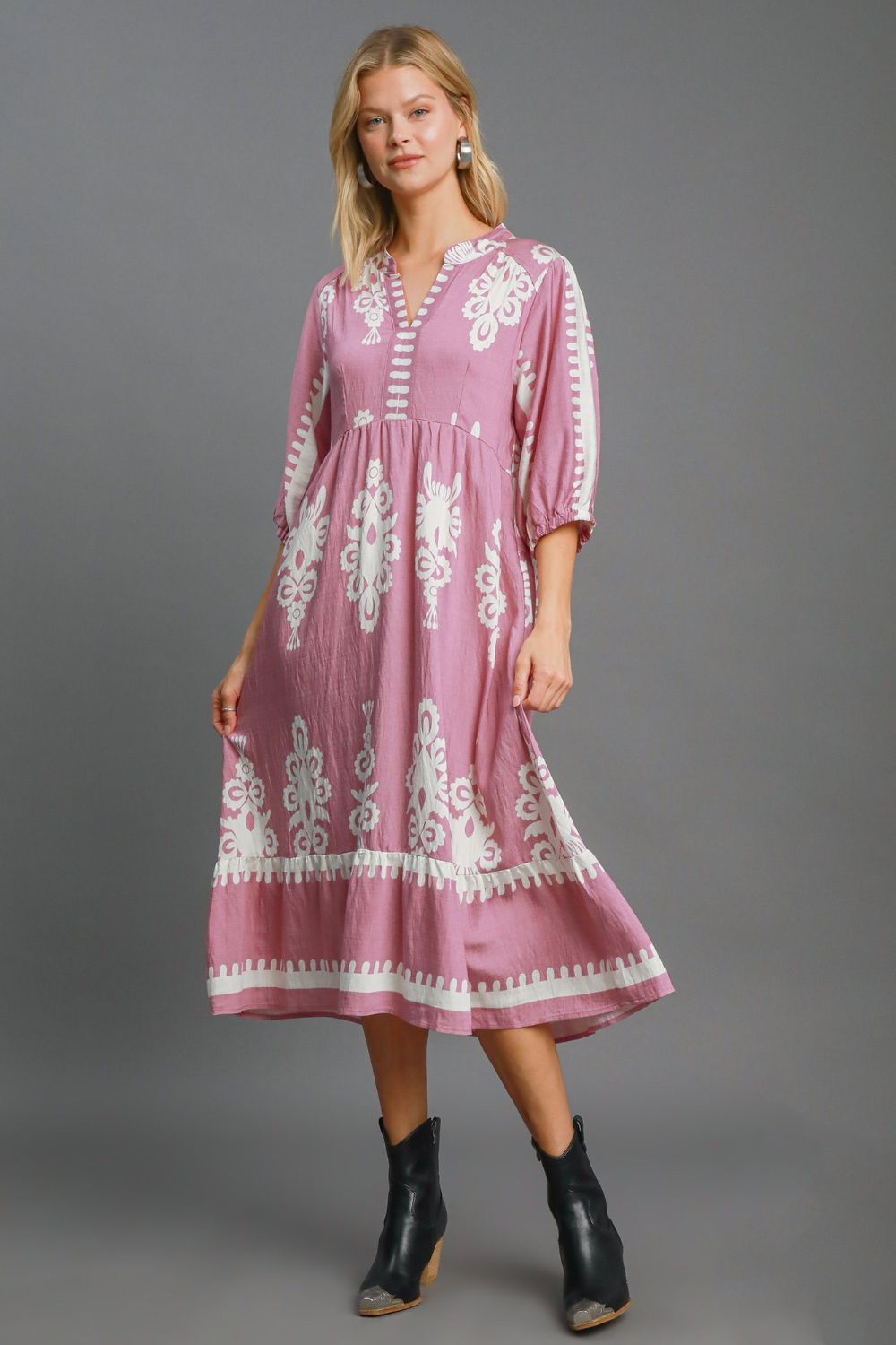 Umgee Printed Notched Midi Dress LT.MAUVE Dress