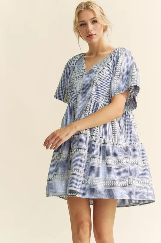 Embroidered Stripe Ruffled Gingham Mini Dress Dress