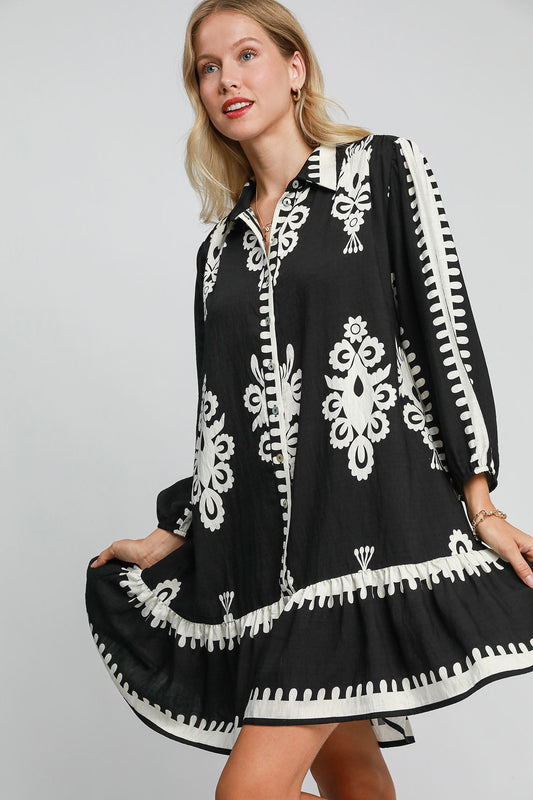 Umgee Border Print Button Down Ruffled Hem Dress Black Dress