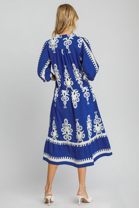 Umgee Printed Notched Midi Dress Dress