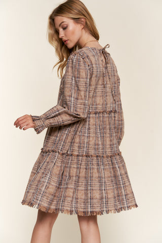 Washed Frayed Tiered Plaid Dress Dress