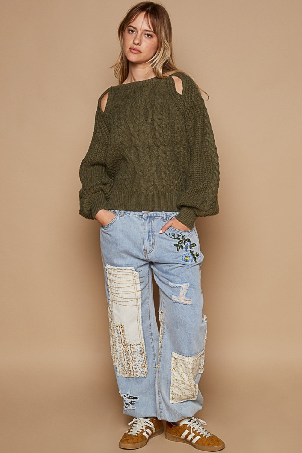 POL Cable Knit Cutout Long Sleeve Sweater Sweater