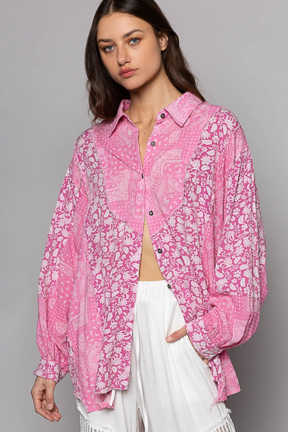 POL Button Down Long Sleeve Paisley Print Shirt shirt