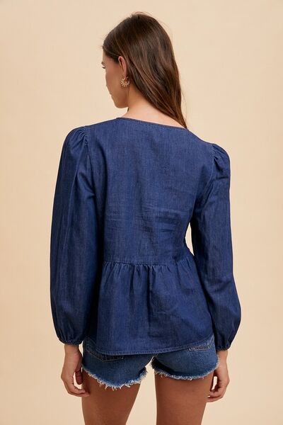 Tie Front Peplum Long Sleeve Denim Top top