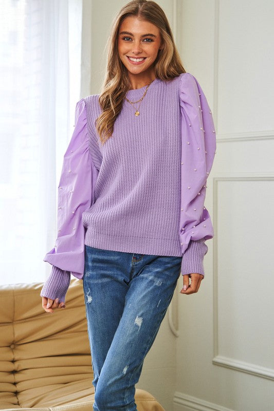 Pearl Embellishments Contrast Sleeves Sweater Sweater