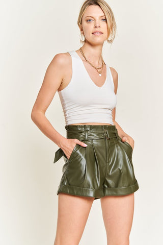 High-rise waist Belted Faux Leather Short Shorts