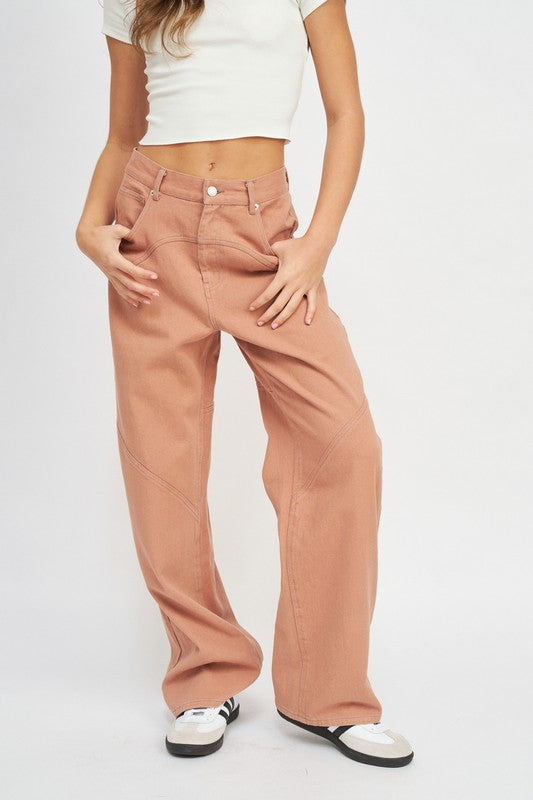 CONTRASTED STITCH DETAIL WIDE PANTS TERRACOTTA