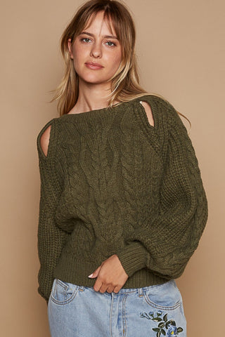 POL Cable Knit Cutout Long Sleeve Sweater Dried Olive Sweater