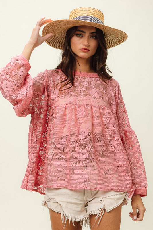 BiBi Floral Lace Long Sleeve Top Mauve Shirt