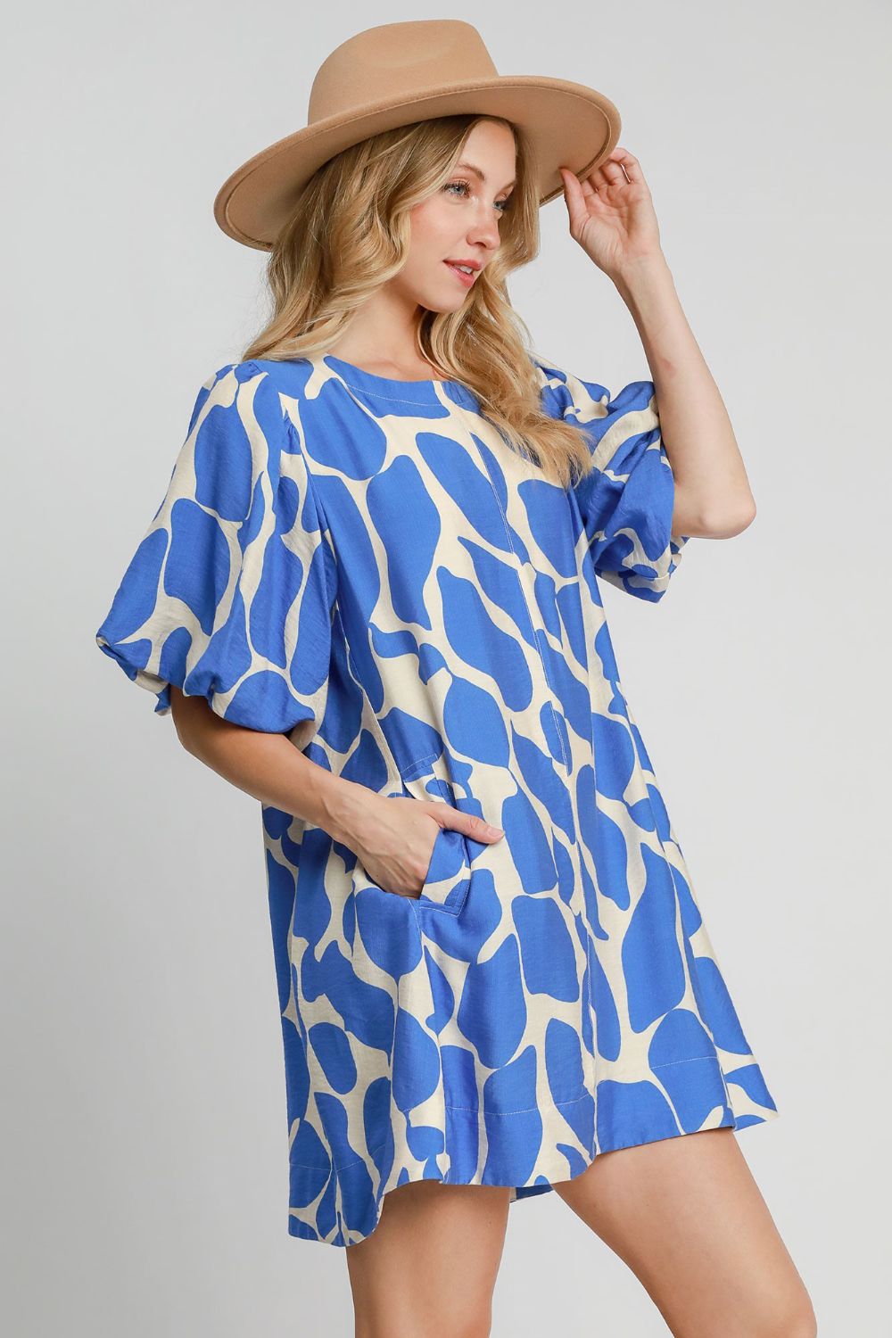 Umgee Two Tone Abstract Print Puff Sleeve Dress Dress