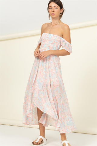 Pastel Florals Smocked Midi Dress PINK Dress