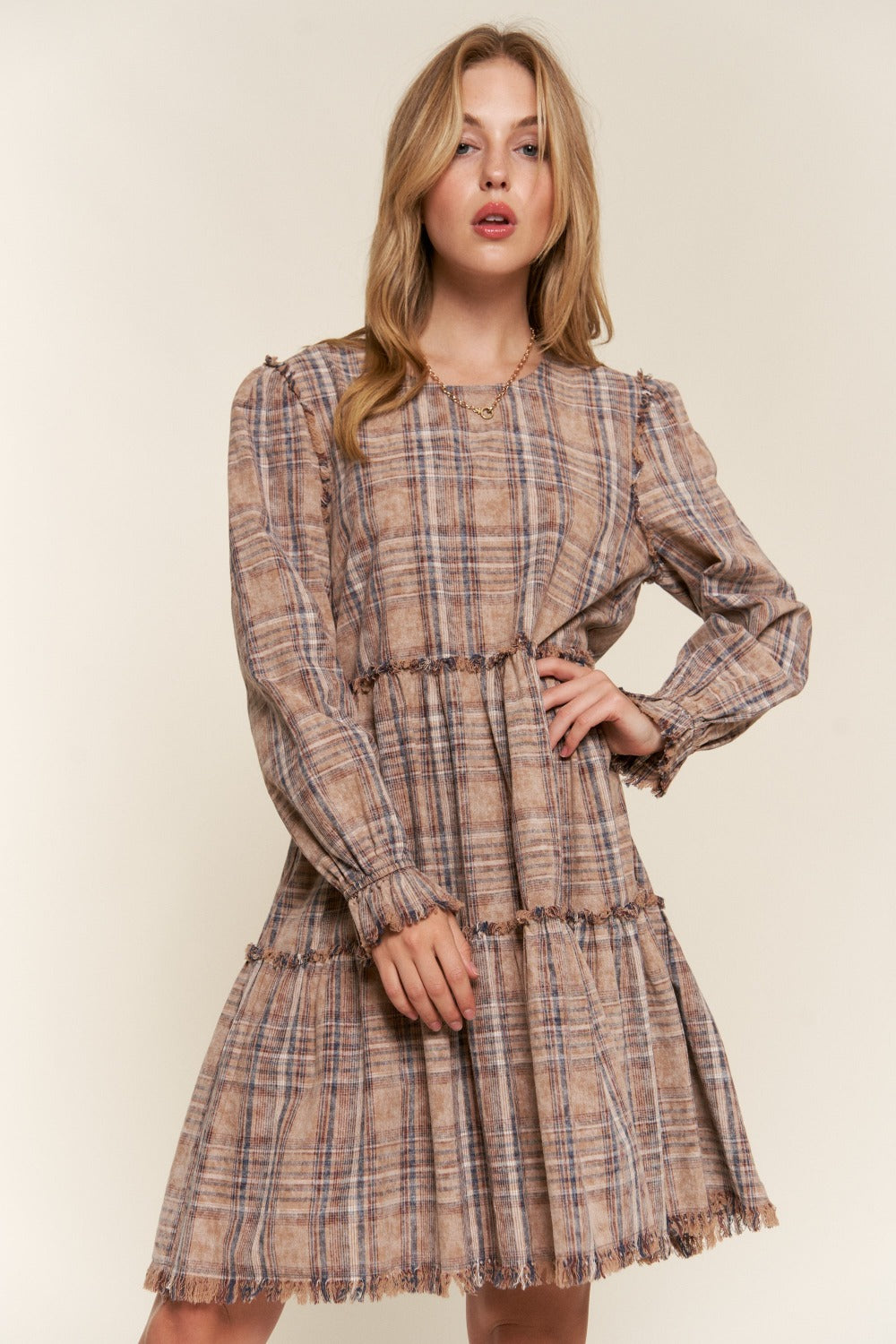 Washed Frayed Tiered Plaid Dress Dress