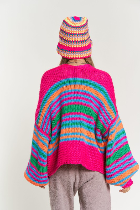 Chunky Knit Multi-Striped Open Sweater Cardigan cardigan