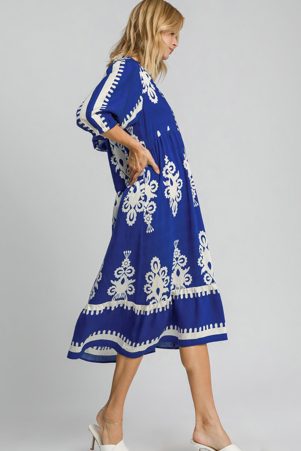 Umgee Printed Notched Midi Dress Dress