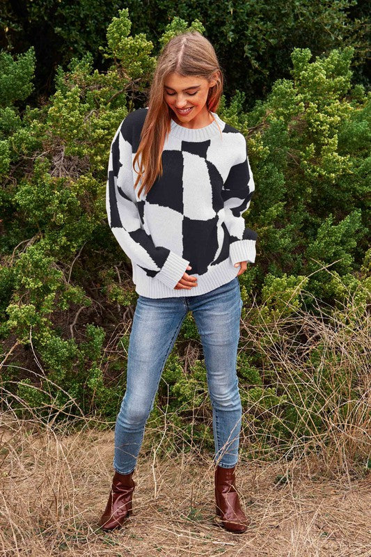 Multi Geo Checker Pullover Knit Sweater Top Sweater