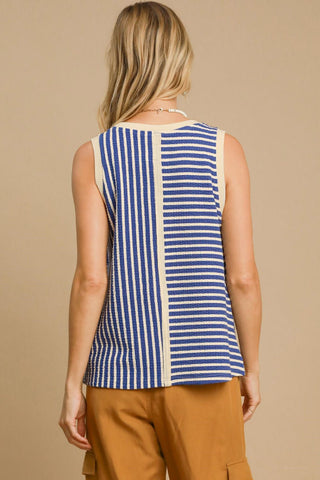 Umgee Round Neck Texture Striped Tank Top