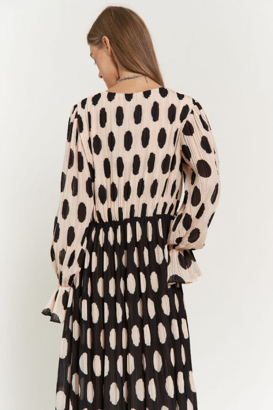 Polka Dot Ruffled Long Sleeve Pleated Maxi Dress Dress