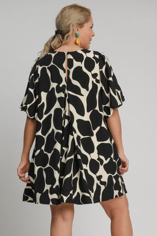 Umgee Full Size Two Tone Abstract Print Puff Sleeve Dress Plus Size Dress