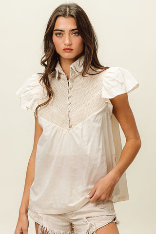 BiBi Half Button Collared Neck Short Sleeve Top top