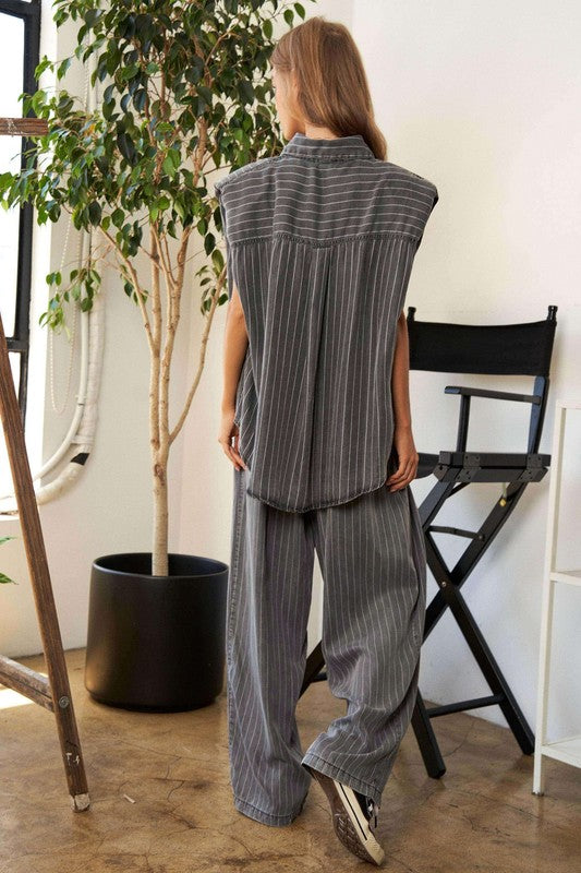 Stripe Button Down Shirt and Long Pants Set Set