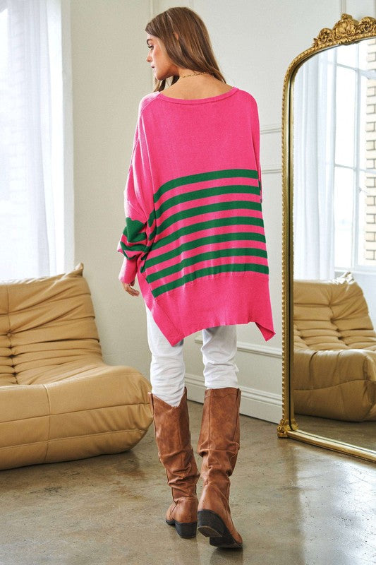 Multi Striped Elbow Patch Loose Fit Sweater Top Sweater