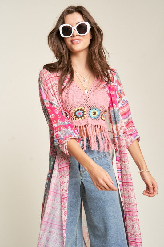 Mesh Print Mix Matched Button Front Cover Up Kimono Cardigan