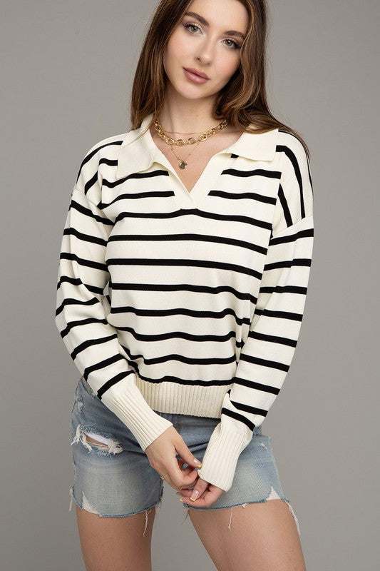 Stripe Collared Knit IVORY Sweater