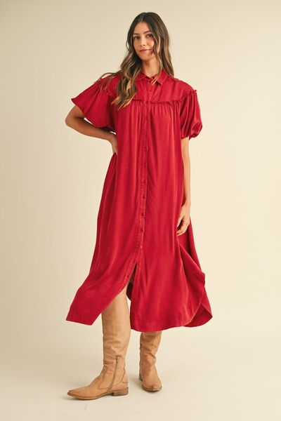 Mineral Washed Button Down Puff Sleeve Shirt Dress Deep Red Dress