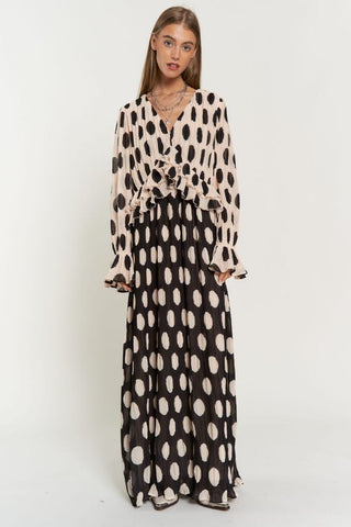 Polka Dot Ruffled Long Sleeve Pleated Maxi Dress Dress