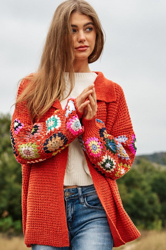 Crochet Floral Printed Long Sleeve Knit Cardigan cardigan