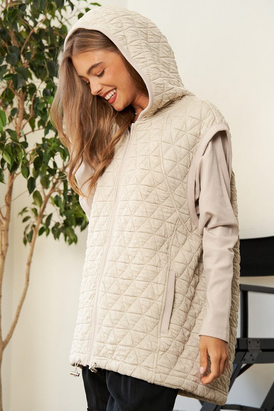 Solid Long Sleeve Zipper Front Hoodie Jacket Beige vest