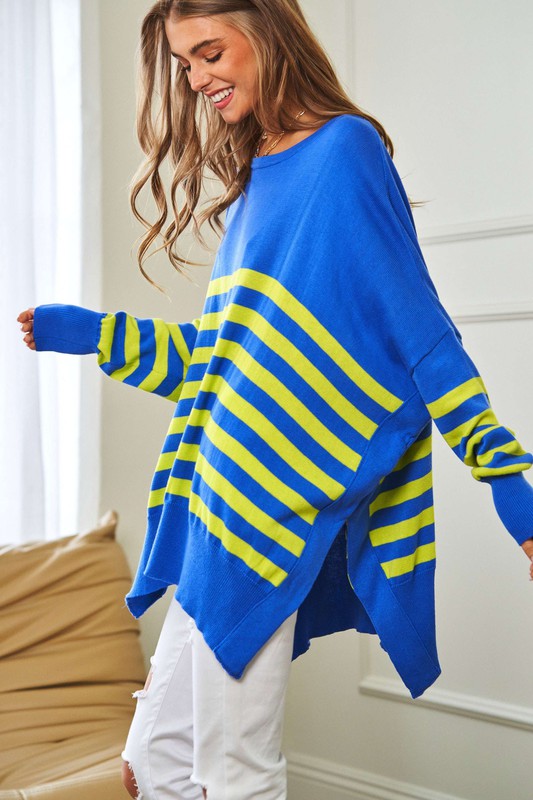 Multi Striped Elbow Patch Loose Fit Sweater Top Sweater