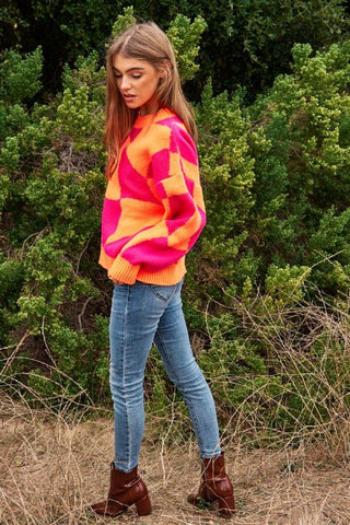 Multi Geo Checker Pullover Knit Sweater Top Sweater