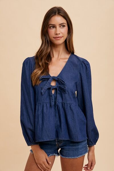 Tie Front Peplum Long Sleeve Denim Top top