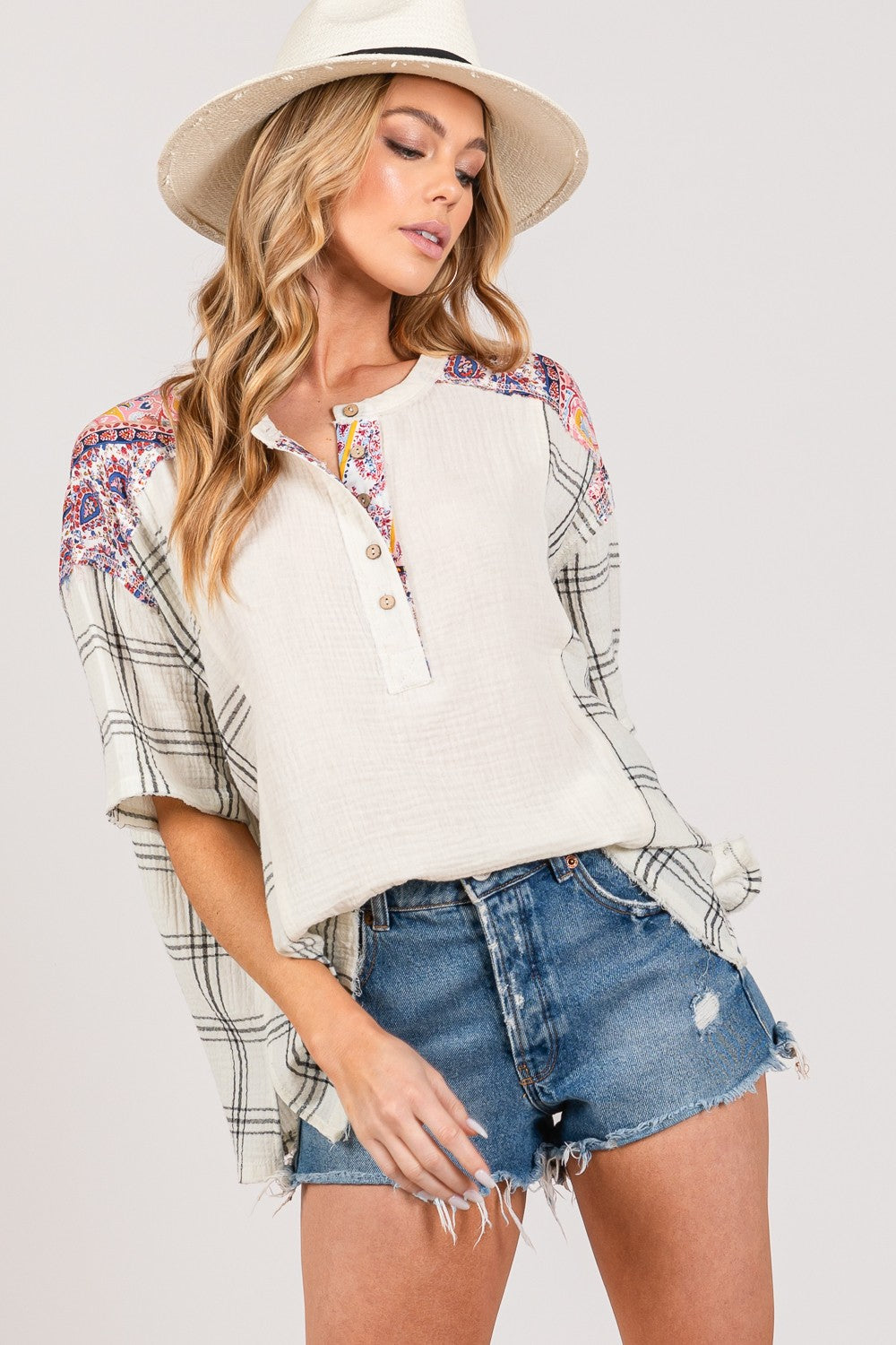 SAGE + FIG Plaid Half Button Gauze Top Top