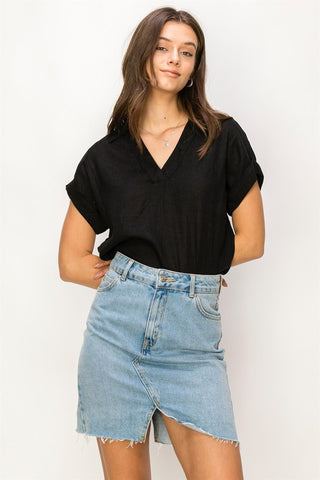 Always a Delight Short Sleeve Linen Top BLACK Top