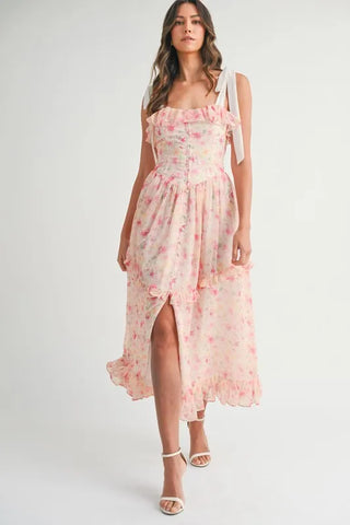 Floral Printed Shoulder Strap Midi Dress Dress