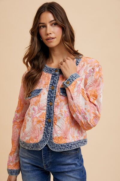 Floral Jacquard Denim Contrast Button Down Jacket Coral Combo Jacket