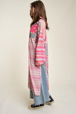 Mesh Print Mix Matched Button Front Cover Up Kimono Cardigan