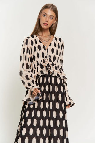 Polka Dot Ruffled Long Sleeve Pleated Maxi Dress Dress